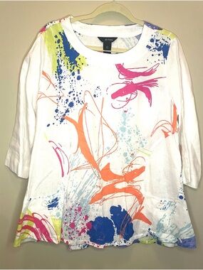 Ali Miles 100% Linen Paint Splatter Tunic Top Art To Wear Lagenlook L Large